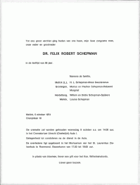 Overlijdensbericht F.R. (Felix) Schepman (1974)